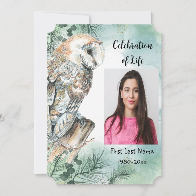 Memorial Service Invite Watercolor Barn Owl (Front)