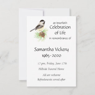 Memorial Service Invite Watercolor Chickadee