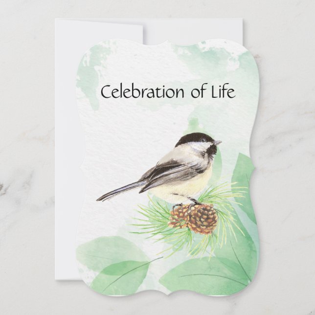 Memorial Service Invite Watercolor Chickadee Bird (Front)