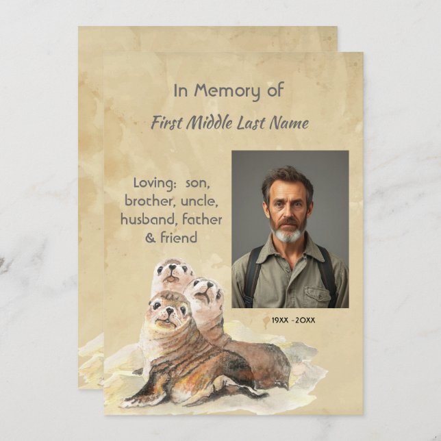 Memorial Service Invite Watercolor Seals Animals (Front/Back)
