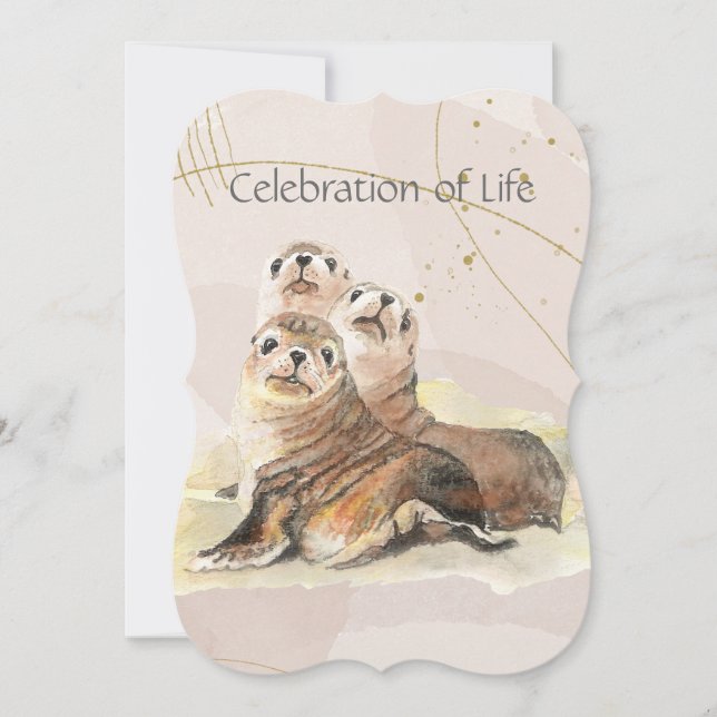 Memorial Service Invite Watercolor Seals Animals (Front)