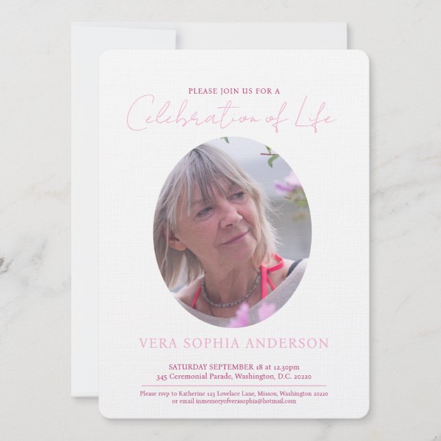 Memorial service oval photo and pink  invitation (Front)