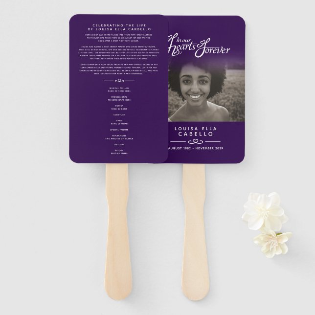 Memorial service photo hearts purple program fans (Front and Back)