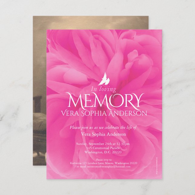 Memorial service pink rose funeral invitations (Front/Back)