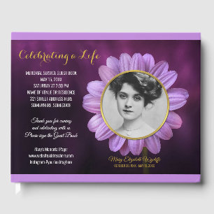Memorial Service Purple Daisy Gold Photo Frame Guest Book