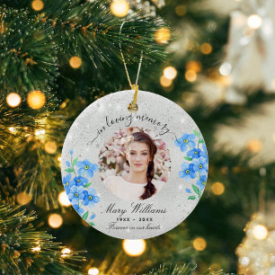 Memorial Silver blue florals photo Ceramic Tree Decoration