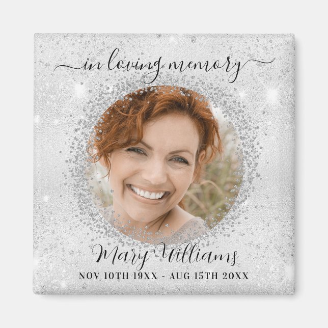 Memorial silver sparkles photo elegant magnet (Front)