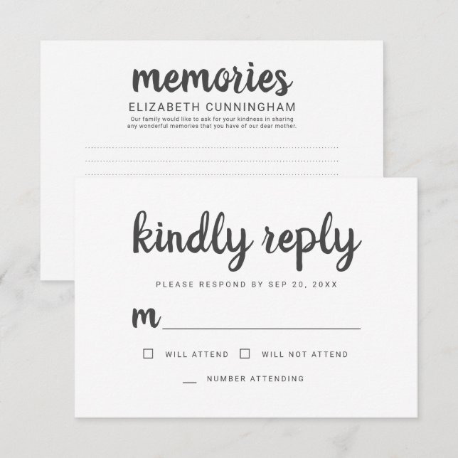 Memorial Simple Written Memories Kindly Reply RSVP Card (Front/Back)