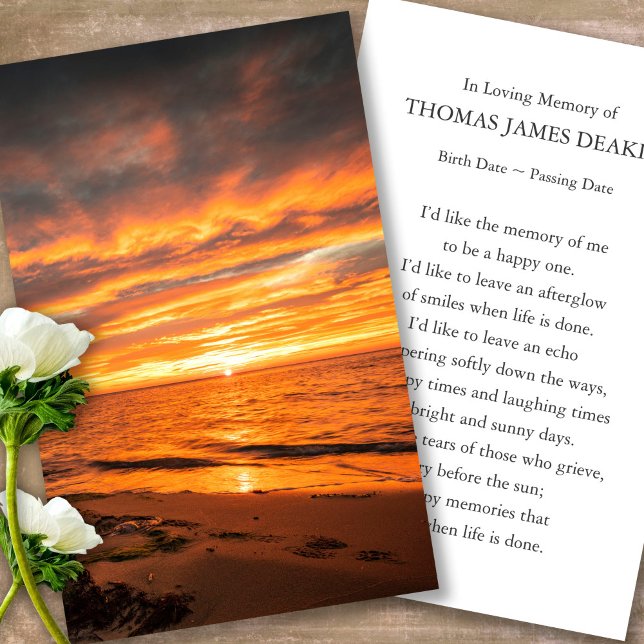 Memorial Sunrise Funeral Prayer Sympathy Cards (sunset, sunrise, beach, celebration of life, in loving memory of, prayer cards for bereavement)