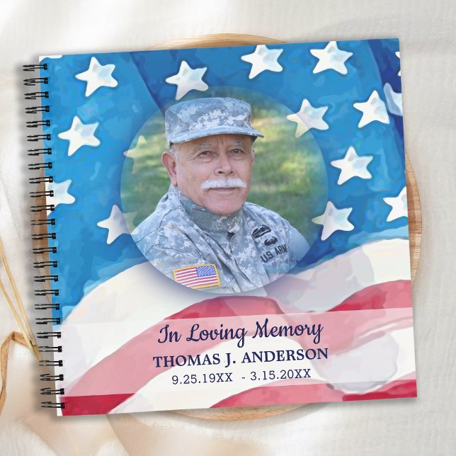 Memorial Veteran Photo USA Flag Funeral Guestbook Notebook (Creator Uploaded)