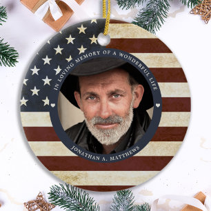 Memorial Vintage American Flag Personalized Photo  Ceramic Tree Decoration