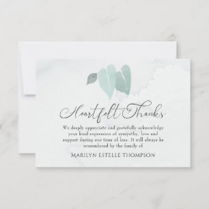 Memorial Watercolor Heart Leaves Heartfelt Thanks Thank You Card