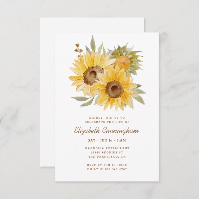Memorial Watercolor Sunflowers Foliage Botanicals Invitation (Front/Back)