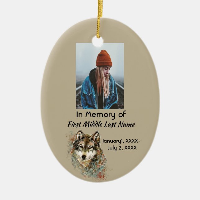 Memorial Watercolor Wolf Keepsake Ornament (Front)