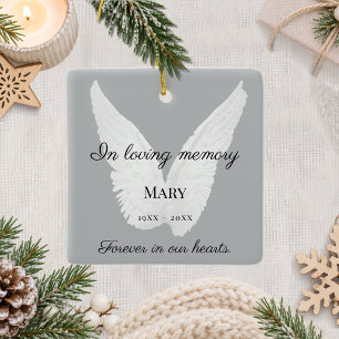 Memorial white angel wings loving memory ceramic ornament