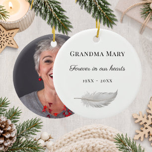 Memorial white feather hearts memory photo ceramic tree decoration