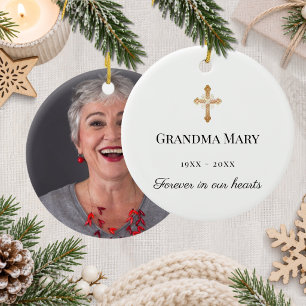 Memorial white gold cross loving memory photo ceramic tree decoration
