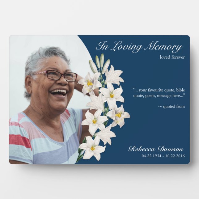 Memorial White Lily Floral Keepsake Custom Photo Plaque (Front)