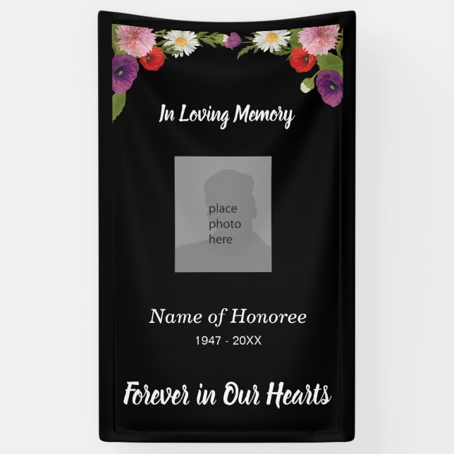 Memorial with floral border and photo banner (Vertical)