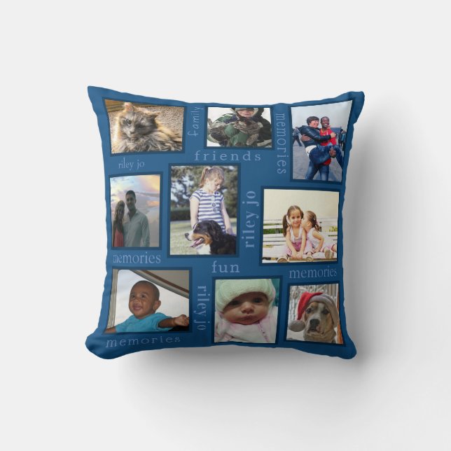 Memories Classic Blue Monogram Photo Collage Cushion (Front)
