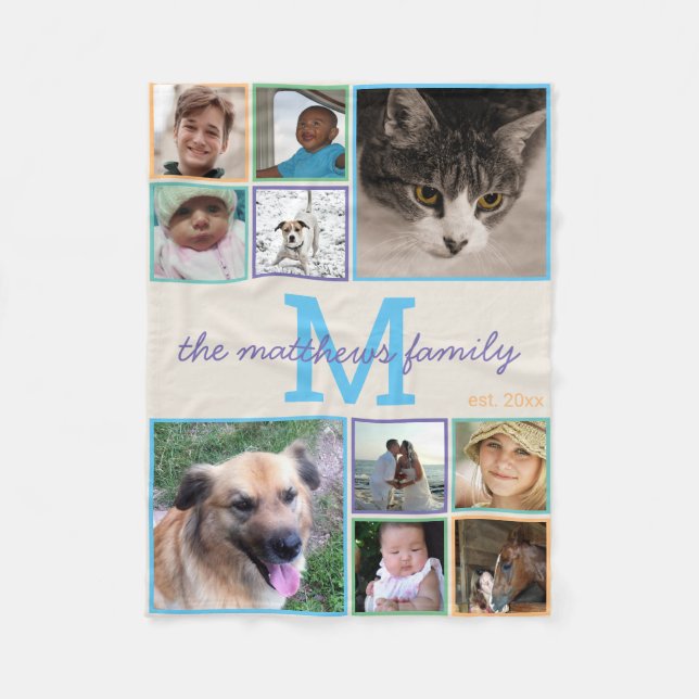 Memories Colourful Monogram 10 Photo Collage Fleece Blanket (Front)