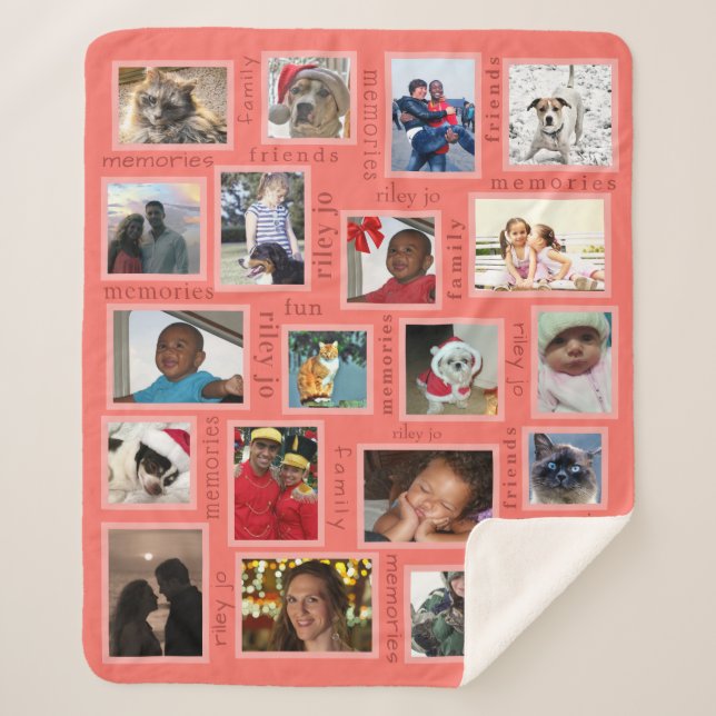 Memories Coral 20 Photo Collage Personalised Sherpa Blanket (Front)