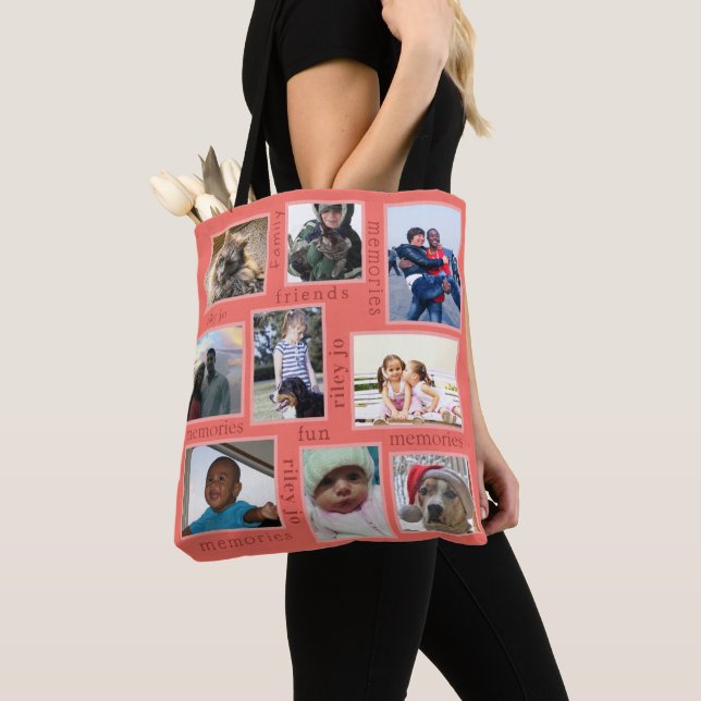 Memories Coral Modern Trendy 18 Photo Collage Tote Bag (Close Up)