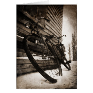 Memories Tintype card of bicycles in snow sepia