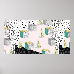 Memphis pattern with geometric, grid, striped and  poster