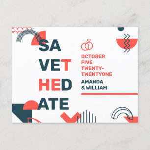 Memphis Style Abstract Blue & Red Wedding Save The Announcement Postcard