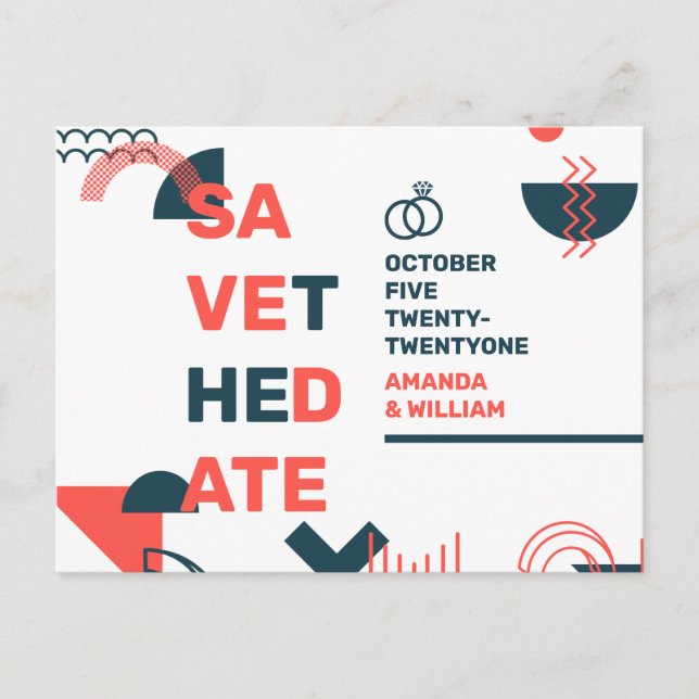 Memphis Style Abstract Red & Blue Wedding Save The Announcement Postcard (Front)