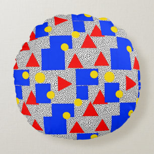 Memphis Style Geometric Bold Primary Color Abstrac Round Cushion