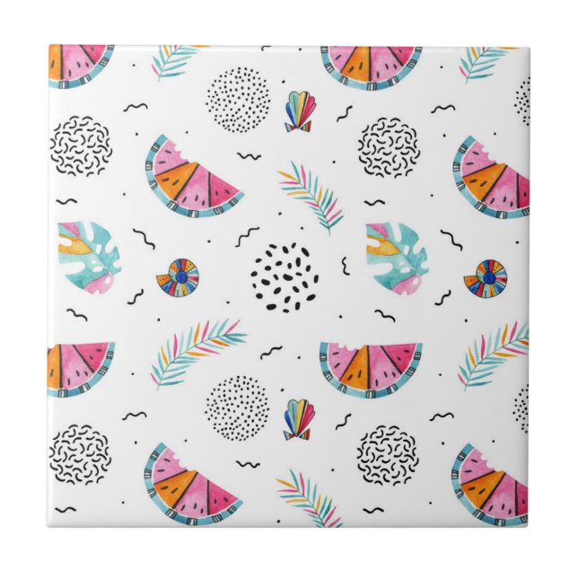 Memphis Style Tropical Summer Pattern Tile (Front)