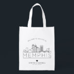 Memphis, Tennessee Wedding | Stylised Skyline Reusable Grocery Bag<br><div class="desc">A unique wedding bag for a wedding taking place in the beautiful city of Memphis,  Tennessee.  This bag features a stylised illustration of the city's unique skyline with its name underneath.  This is followed by your wedding day information in a matching open lined style.</div>