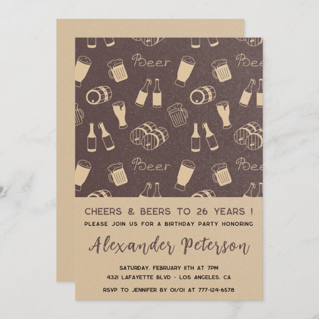Men 26th birthday invitations Beer Rustic (Front/Back)