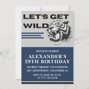 Men 28th birthday invitations Tiger Let's Get Wild