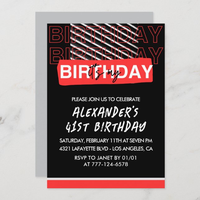 Men 41st birthday Party invitations Black Red  (Front/Back)