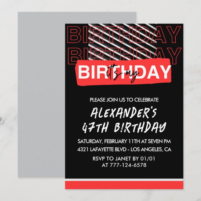 Men 47th birthday Party invitations Black Red  (Front/Back)