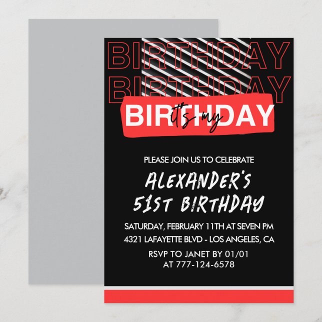 Men 51st birthday Party invitations Black Red  (Front/Back)