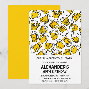 Men 69th birthday invitations Cheers and Beers 