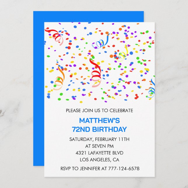 Men 72nd birthday invitations Rainbow Confetti (Front/Back)
