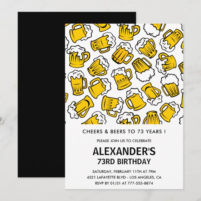 Men Adult Cheers and Beers 73rd birthday Invitation (Front/Back)