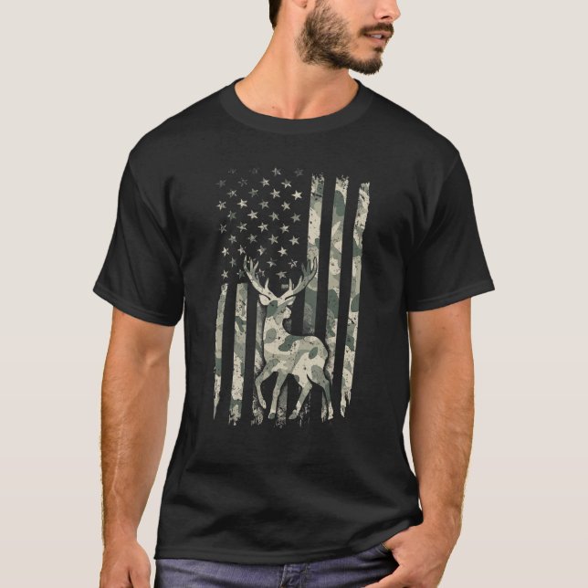 Men American USA Flag Deer Hunting Hunter Camoufla T-Shirt (Front)