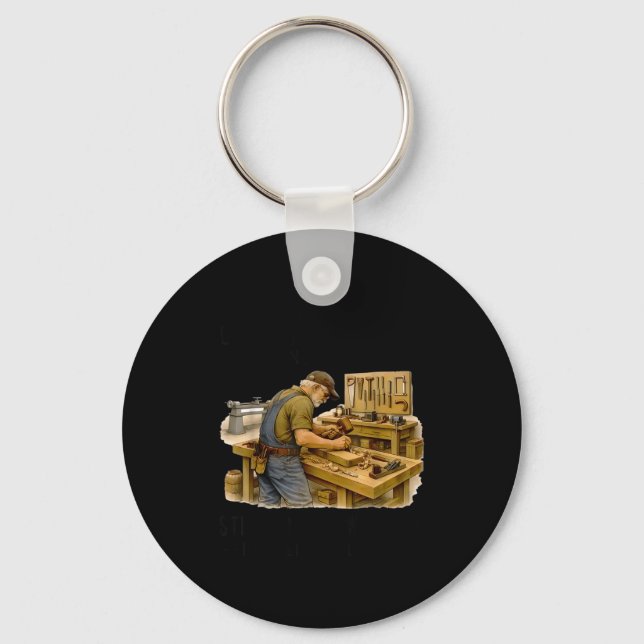 Men are created equal but woodworking in seventies key ring (Front)