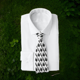 Men Black and White Tulips Botanical Tie