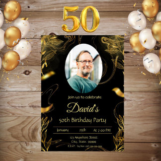 Men Black Gold Leaf 50th Birthday Invitation