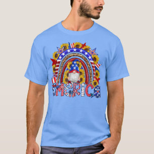 Men Boys Patriotic American Gnome Sunflower Rainbo T-Shirt
