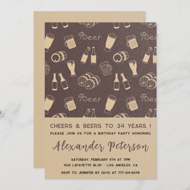 Men Cheers & Beer Rustic 34th birthday Invitation (Front/Back)