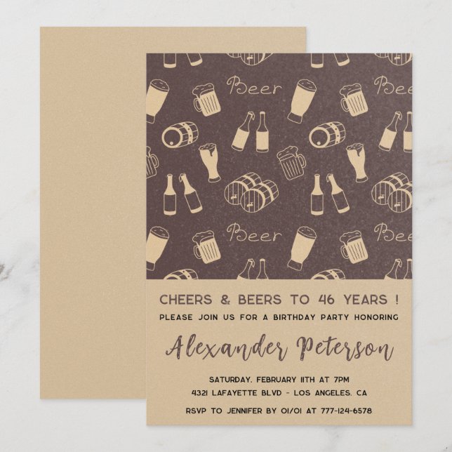 Men Cheers & Beer Rustic 46th birthday Invitation (Front/Back)