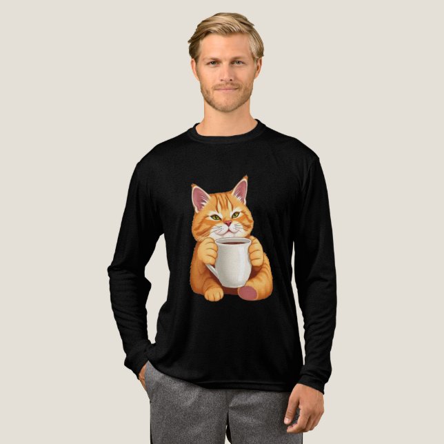 Men Cute Ginger Cat Coffee Graphic Performance Tri-Blend Shirt (Full Front)